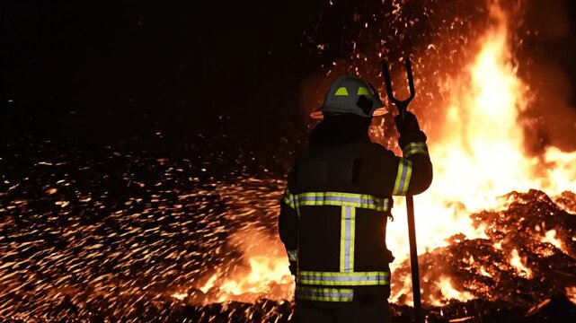 Firefighter battling a dramatic warehouse fire at night with sparks and flames engulfing the surroundings