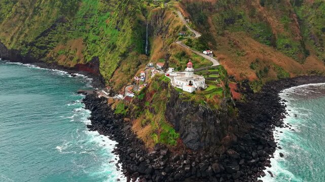 Aerial view of Arnel Lighthouse on Sao Miguel Island, Azores