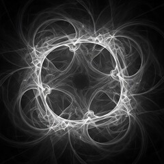 Intricate white abstract swirling pattern glows against a deep black background