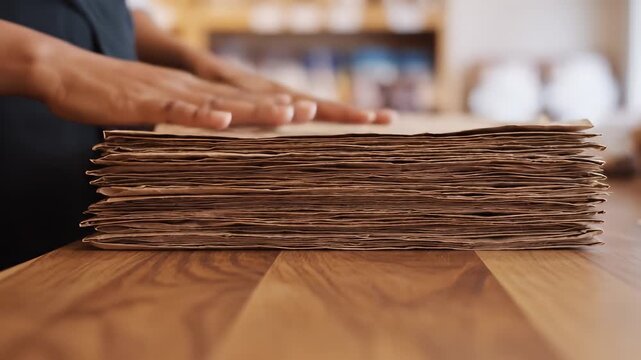 Stacking Brown Paper Sheets On Wooden Table Video.