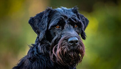 Regal, dark, long-haired dog portrait; amber eyes gazing intensely against a blurred, soft-focus green background