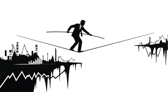 Businessman balancing on tightrope over cityscape with stock market graphs