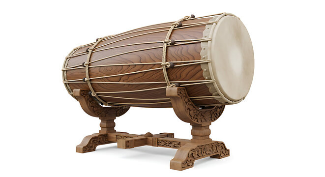 A traditional bedug (large Islamic drum) with wooden frame, isolated on white background