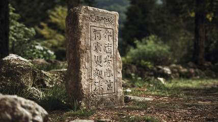 Traditional inscription monument with carved stone slabs in an open natural heritage site.