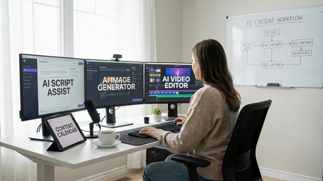 AI script assist artificial intelligence creativity empowering content creator home desk editing video planning digital media workflow with AI vdo