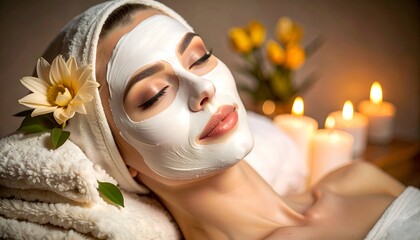Relaxing woman with facial mask, eyes closed, surrounded by candles and flowers in a spa setting