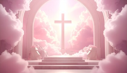 Religious scene featuring a cross amidst fluffy pink clouds in an arched, bright setting