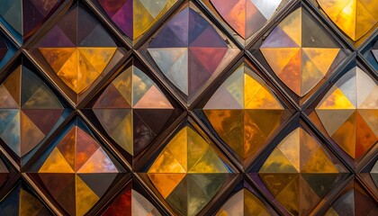 Repeating diamond shapes in metallic colors, forming geometric wall panel, with warm and cool tones