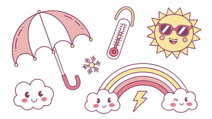 Fototapeta premium Cute Kawaii Pastel Weather Icons Set Happy Sun Rainbow Cloud Umbrella Thermometer Doodle Style Graphic Elements for Kids Education
