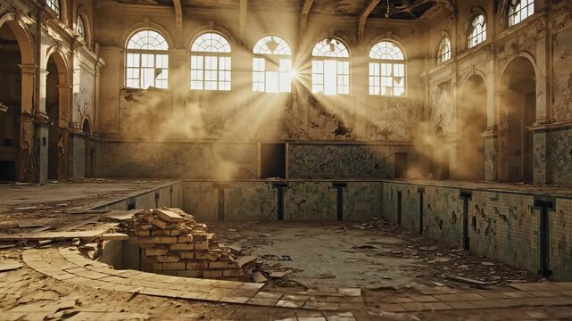 Sunlight streams through windows in an abandoned building.