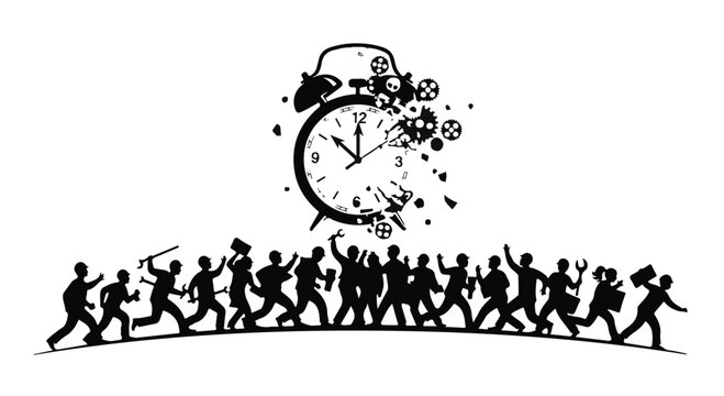 Silhouettes of people running from exploding alarm clock