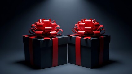 Red gift boxes with large red bows on black wrapping
