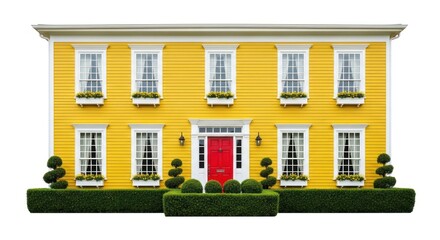 Sunny yellow house with red door, white trim