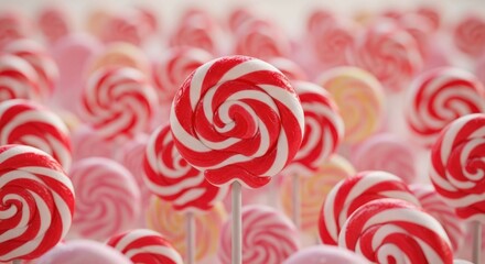 Swirling, colorful lollipops stick out of a sugary scene