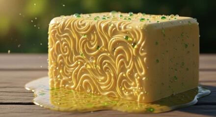 Textured cube melts on wood. Green beads sprinkle