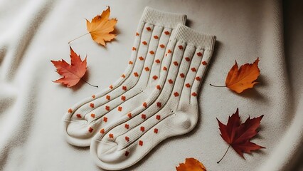 White knit socks with autumn leaves cozy