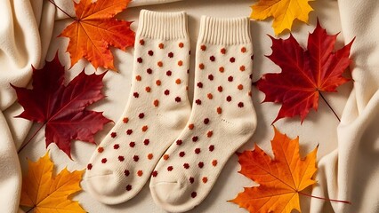White socks with brown polka dots among autumn leaves brown dots