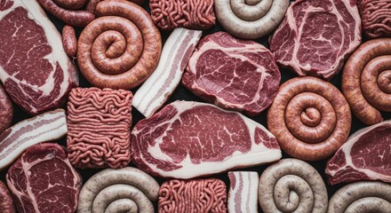 Variety of raw meat steak, ground beef, sausage, bacon