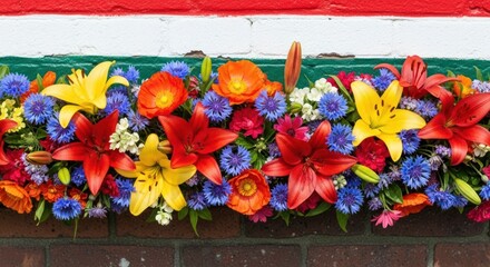 Vibrant flowers against brick wall, colorful arrangement