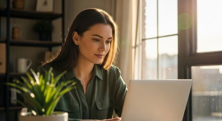 Woman works at laptop near plant, sunlit window