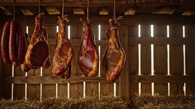 Smoked meats hang from a wooden beam inside a rustic, sunlit barn with hay