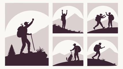 Silhouette Hikers Trekking Mountain Adventure Vector Illustration Set Success Achievement Teamwork Graphic Design Elements for Outdoor Marketing