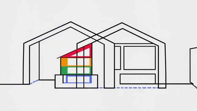 A modern architectural schematic of a building with color blocks