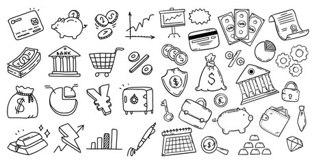 Hand Drawn Bank and Finance Doodle Illustration Set