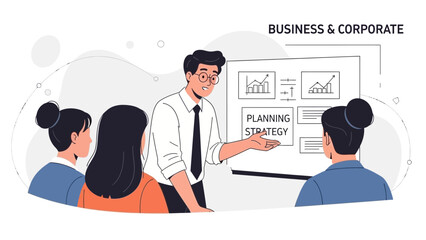 Business meeting with planning strategy presentation and charts