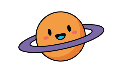 Cute cartoon Saturn planet illustration with happy smiling face and purple rings isolated on white background in kawaii doodle style © Mojahid