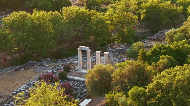 Aerial View of Sanctuary of the Great Gods at Sunset Samothrace