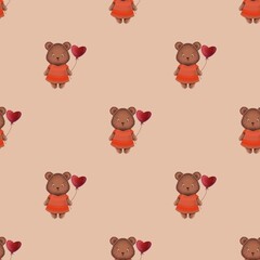 Fototapeta premium Seamless cute bear pattern featuring an adorable cartoon bear in an orange dress holding a red heart balloon on a soft beige background