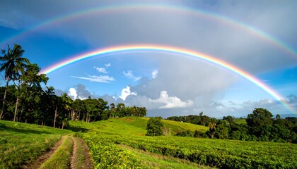 Fototapeta premium Rolling green hills meet a vibrant double rainbow arching across a bright blue, cloudy sky