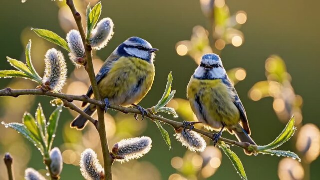 Two blue tits perched on a frosty willow branch in morning light