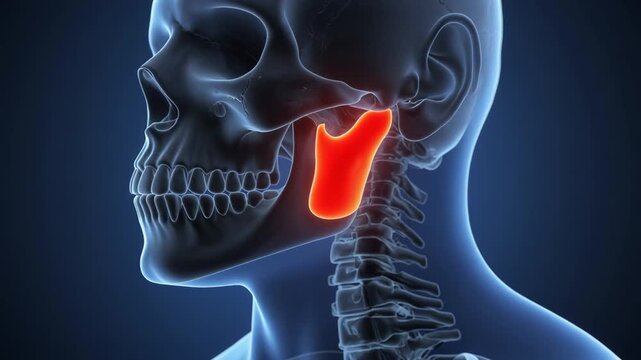 A side view of human skull and cervical spine highlights the mandible in vivid red, emphasizing temporomandibular joint anatomy, jaw function, and medical diagnostics.