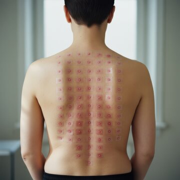 Skin allergy patch test on patient's back with reactions
