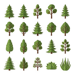 Various Green Trees on White Background