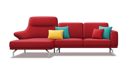 Red Sectional Sofa with Colorful Pillows on White Background