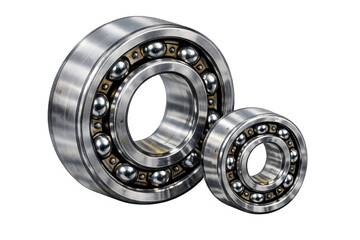 Two metal ball bearings showing industrial mechanics, engineering, and precision hardware on transparent background