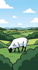White Sheep Grazing on Green Grass in Countryside Landscape