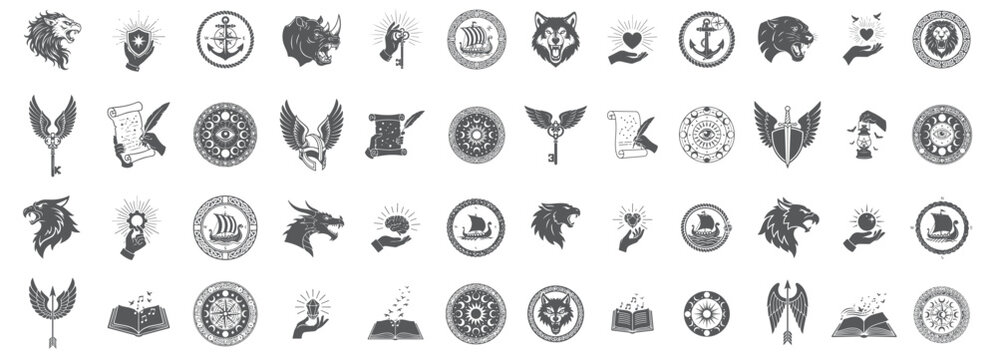 Alchemy and Fantasy RPG Icons, Minimalist Woodcut Style