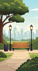 City Park Pathway with Bench and Tree