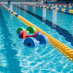 Water dumbbells floating in a swimming pool, fitness equipment.