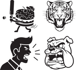 Black and white vector set: angry tiger head, bulldog face, screaming man, cake playing cricket, isolated on white