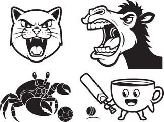 Vector cartoon animal and object mascots: angry cat, roaring horse, crab with soccer ball, coffee cup playing cricket, isolated on white