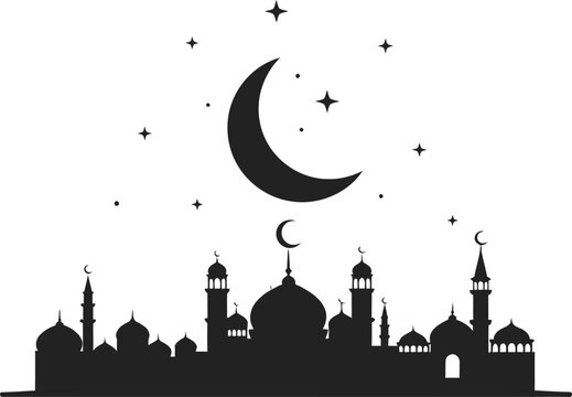 Islamic city skyline silhouette with multiple mosques and minarets under starry night sky for ramadan kareem and eid mubarak celebrations and middle eastern cultural heritage landscape illustrations