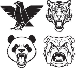 Vector set of aggressive animal heads: geometric eagle, roaring tiger, angry panda, snarling bulldog, black and white, isolated on white
