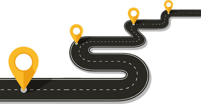 Curved road roadmap with yellow pin markers and white dashed lines on transparent background for journey concept art