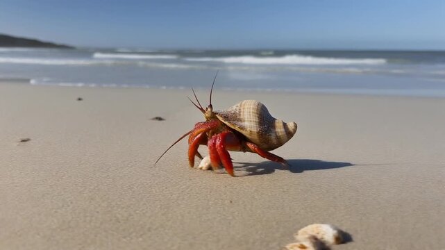 Hermit Crab Walking on Sandy Beach.