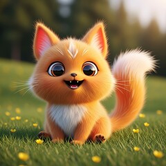Adorable fluffy orange creature with large eyes sits happily in a sunny grassy field